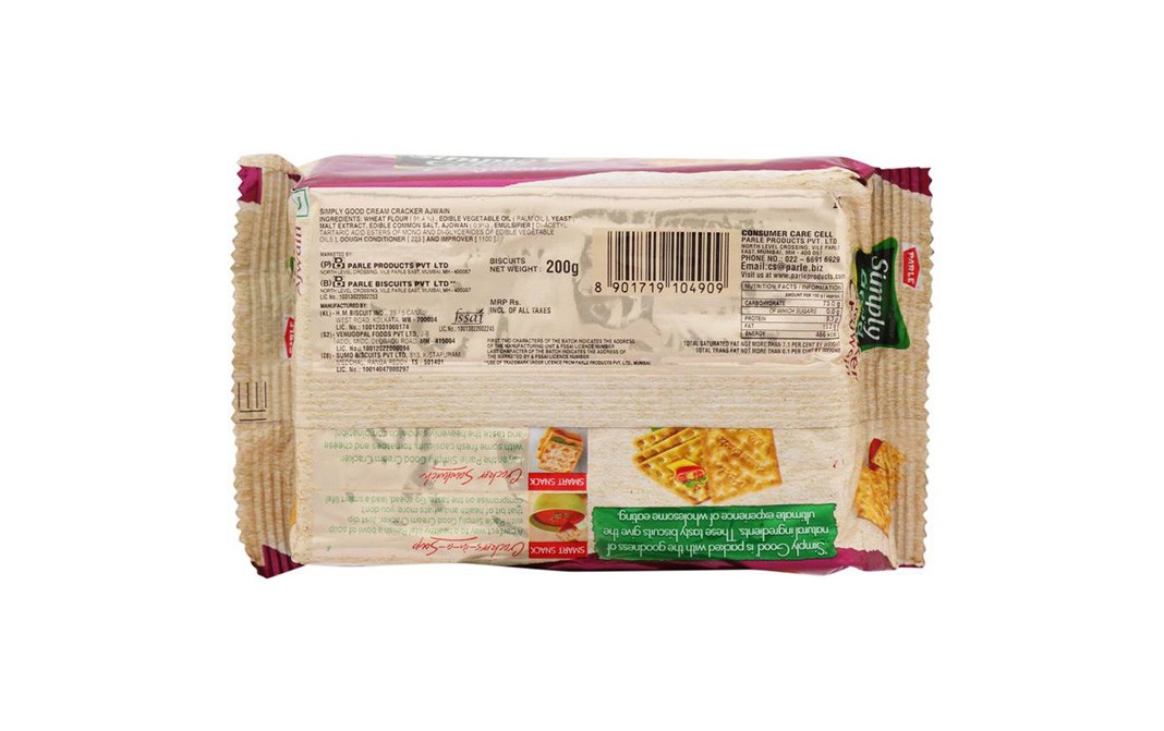 Parle Simply Good Cream Cracker Ajwain   Pack  200 grams